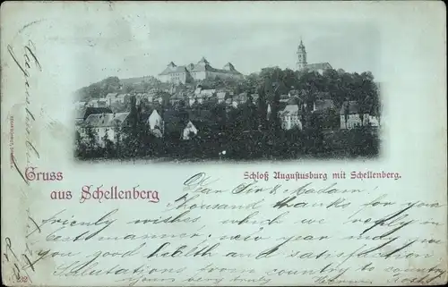 Mondschein Ak Schellenberg Leubsdorf in Sachsen, Ortsansicht mit Augustusburg