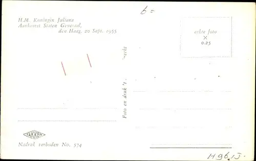 Ak Den Haag Südholland, Juliana der Niederlande, Staten Generaal, 1955