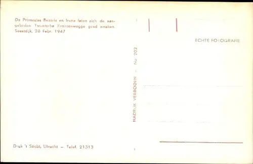 Ak Soestdijk Utrecht Niederlande, Prinzessinnen Beatrix und Irene essend, 1947