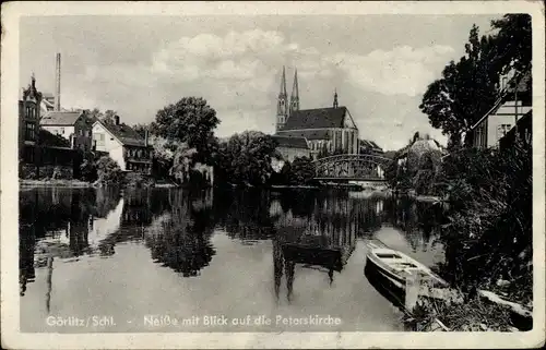 Ak Görlitz in der Lausitz, Neiße mit Blick auf die Peterskirche