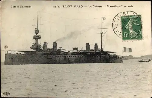 Ak Französisches Kriegsschiff, Saint Malo, Le Cuirassé Marseillaise en rade