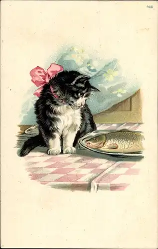 Litho Katze beobachtet einen Fisch