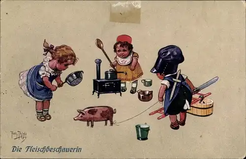 Künstler Ak Thiele, Arthur, Kinderhumor, Die Fleischbeschauerin, Puppenküche
