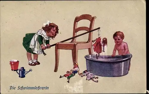 Künstler Ak Thiele, Arthur, Kinderhumor, Die Schwimmlehrerin, Puppen