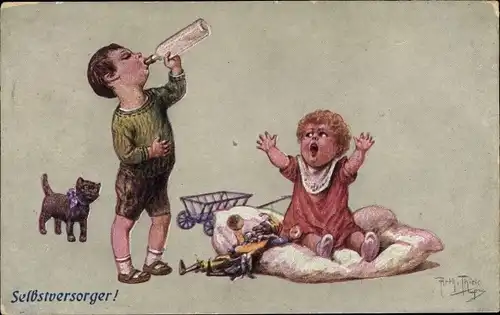 Künstler Ak Thiele, Arthur, Selbstversorger, Kinder, Milchflasche, Humor, Aus der Kinderstube