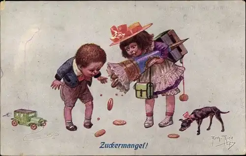 Künstler Ak Thiele, Arthur, Aus der Kinderstube, Zuckermangel, Zuckertüte, Hund
