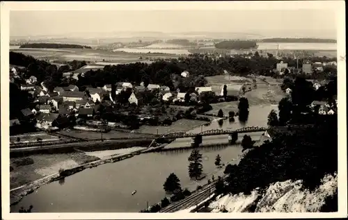 Ak Wünschendorf an der Elster, Panorama mit Brücke