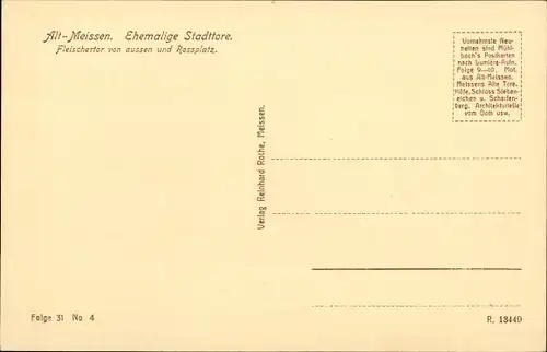 Künstler Ak Meißen an der Elbe, Alt-Meißen, Ehemalige Stadttore, Fleischertor von außen, Rossplatz