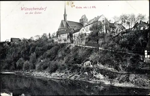Ak Wünschendorf an der Elster, Kirche Veitsberg, Uferpartie