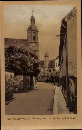 Ak Dippoldiswalde im Osterzgebirge, Rosengasse, Kirche, Schloss