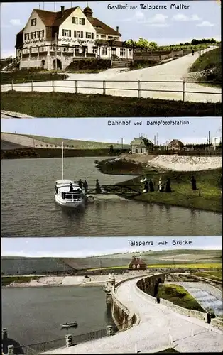 Ak Malter Dippoldiswalde, Talsperre Malter, Bahnhof und Dampfbootstation, Gasthof, Brücke