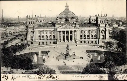 Ak Berlin Tiergarten, Bismarck Denkmal und Reichstagsgebäude