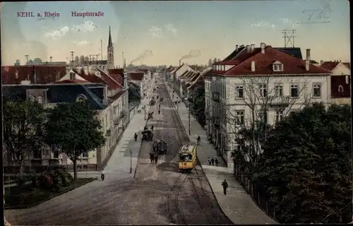 Ak Kehl am Rhein, Hauptstraße, Straßenbahn, Kirchturm