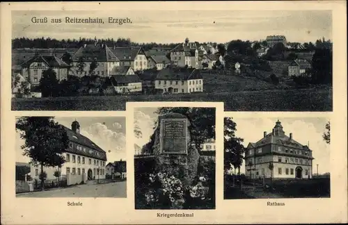 Ak Reitzenhain Marienberg im Erzgebirge, Gesamtansicht, Schule, Kriegerdenkmal, Rathaus
