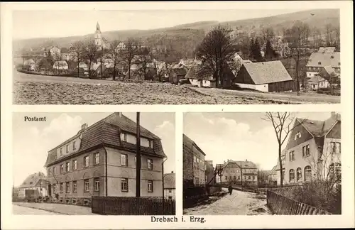 Ak Drebach im Erzgebirge Sachsen, Gesamtansicht, Postamt, Straßenpartie