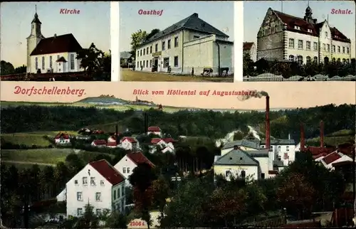 Ak Dorfschellenberg Leubsdorf Sachsen, Kirche, Gasthof, Schule, Blick vom Höllental auf Augustusburg