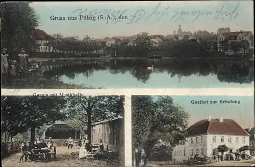 Ak Pölzig in Thüringen, Kinder am Teich, Gasthof zur Erholung, Garten, Musikhalle