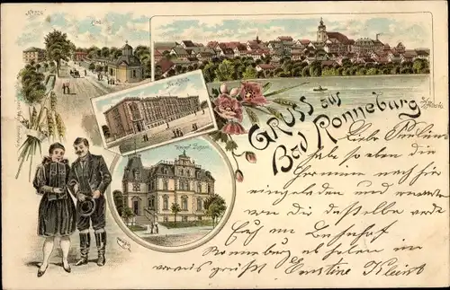 Litho Ronneburg in Thüringen, Bad, Gesamtansicht, Neue Schule, Kaiserl. Postamt, Paar in Tracht