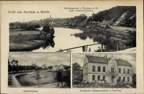 Ak Nerchau Grimma in Sachsen, Bahnhofplatz, Städtische Beamtenschule, Panorama nach Golzern