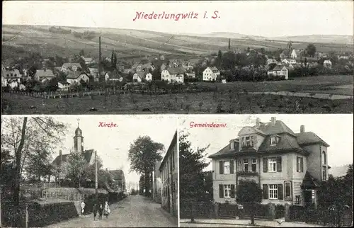 Ak Niederlungwitz in Sachsen, Kirche, Gemeindeamt, Totale