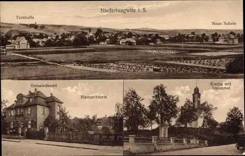 Ak Niederlungwitz Glauchau, Turnhalle, Neue Schule, Gemeindeamt, Bismarckturm, Kirche, Ehrenmal