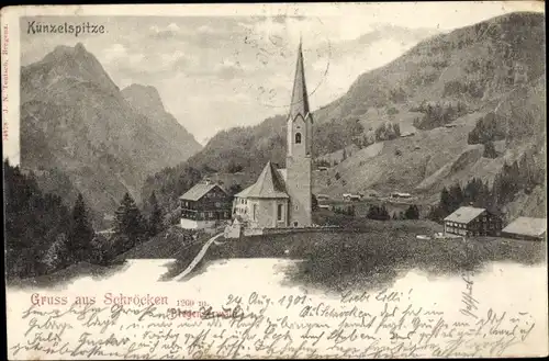 Ak Schröcken Vorarlberg, Ansicht mit Kirche und Künzelspitze