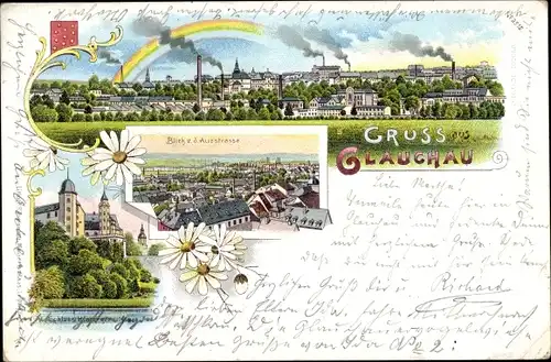 Litho Glauchau in Sachsen, Blick von der Alleestraße, Schloss Hinterglauchau, Regenbogen
