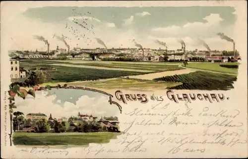 Litho Glauchau in Sachsen, Stadtansicht, Schornsteine