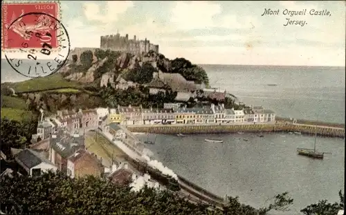 Ak Kanalinsel Jersey, Schloss Mont Orgueil, Hafen, Kanal, Panoramablick