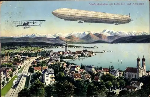 Ak Friedrichshafen am Bodensee, Gesamtansicht, Zeppelin, Doppeldecker