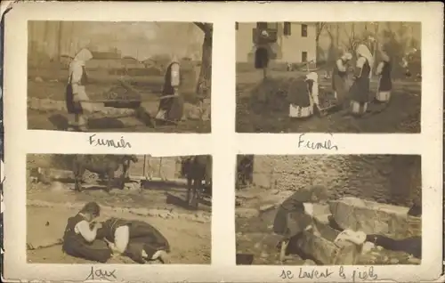 Foto Ak Mazedonien, Bauern im Ort, Frauen, Entlausung, Bad in einer Holzwanne, I. WK