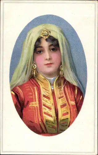 Ak Junge Bulgarin in Tracht, Portrait, Schleier, Kopfschmuck