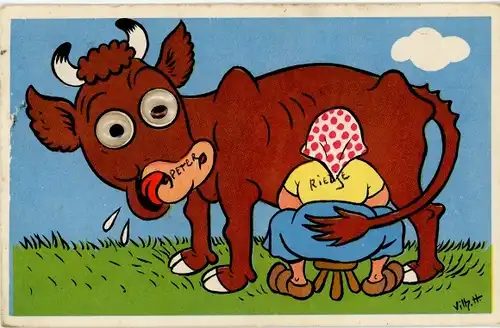 Wackelaugen Künstler Ak Bäuerin melkt eine Kuh