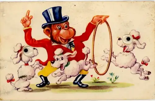 Wackelaugen Ak Pudel springen durch einen Kreis, Zirkus, Affe