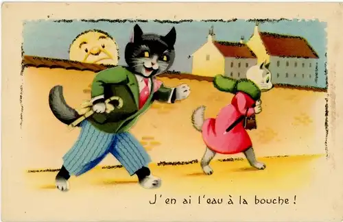Glitzer Ak Vermenschlichte Katzen, J'en ai l'eau a la bouche