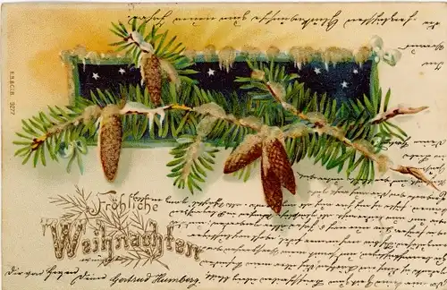 Glitzer Litho Glückwunsch Weihnachten, Tannenzweige, Tannenzapfen