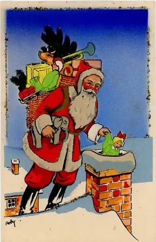 Künstler Ak Roby, Glückwunsch Weihnachten, Weihnachtsmann am Schornstein