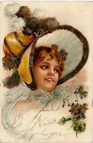 Glitzer Litho Frau-Portrait, Hut mit Federn, Frühling