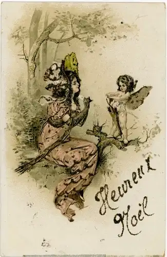 Glitzer Ak Junge Frau im Wald, Eros mit Pfeilen