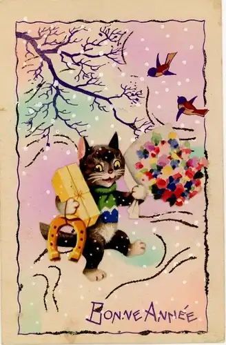 Ak Glückwunsch Neujahr, Katze, Blumenstrauß, Geschenk, Hufeisen, Vögel