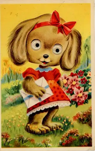 Wackelaugen Ak Hund auf einer Blumenwiese, Brief