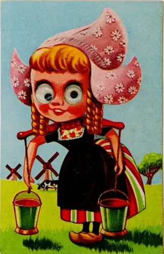 Wackelaugen Quietsch Ak Wasserträgerin in Tracht, Windmühlen