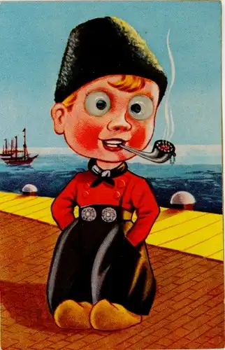 Wackelaugen Quietsch Ak Rauchender Junge in Tracht, Hafen, Schiffe, Pfeife