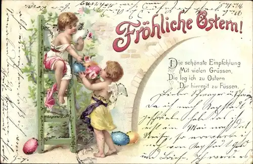Glitzer Litho Glückwunsch Ostern, Engel, Ostereier, Leiter