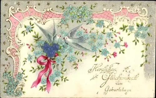 Präge Litho Glückwunsch Geburtstag, Tauben, Stoffblumen, Vergissmeinnicht
