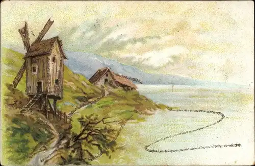 Glitzer Litho Dorfpartie, Windmühle am Wasser