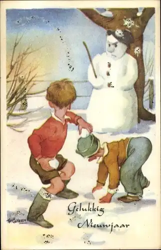 Künstler Ak Veen, v. T., Glückwunsch Neujahr, Schneemann, Schneeballschlacht