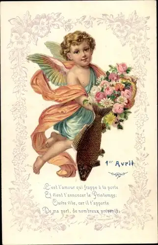 Ak Glückwunsch 1. April, Engel, Fisch, Blumenstrauß