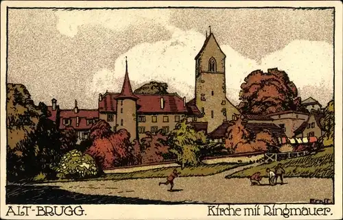 Steindruck Künstler Ak Ernst, Brugg Kt. Aargau Schweiz, Kirche mit Ringmauer