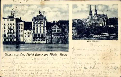 Ak Basel Bâle Stadt Schweiz, Hotel Bauer, Münster